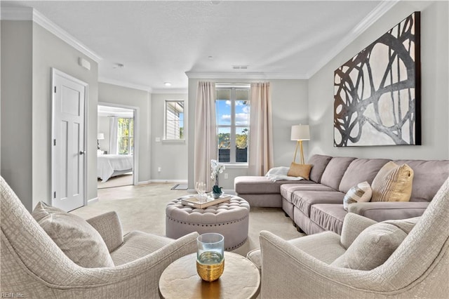 living area with crown molding, baseboards, visible vents, and light colored carpet