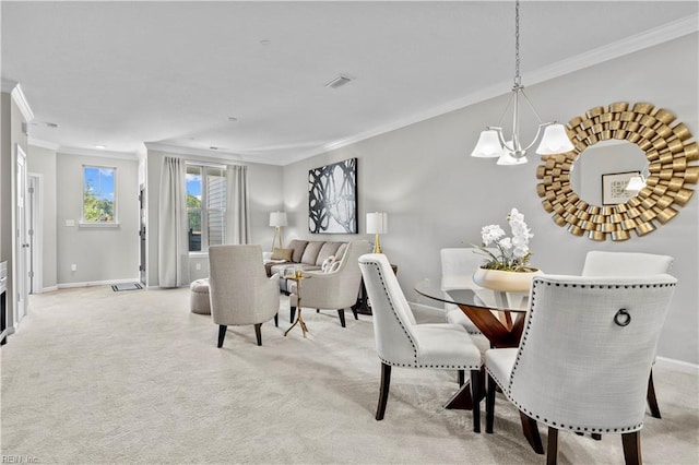 dining area with crown molding, visible vents, light carpet, baseboards, and a notable chandelier