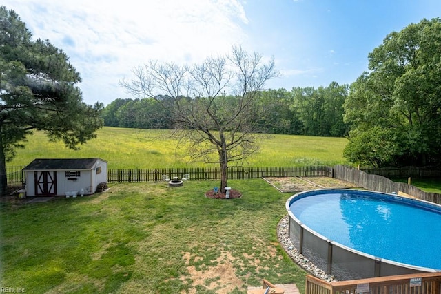 view of pool featuring a lawn, an outbuilding, a fenced in pool, a fenced backyard, and a shed