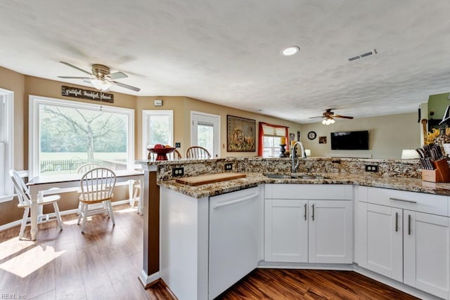 kitchen with a ceiling fan, dishwasher, a sink, stone countertops, and white cabinets