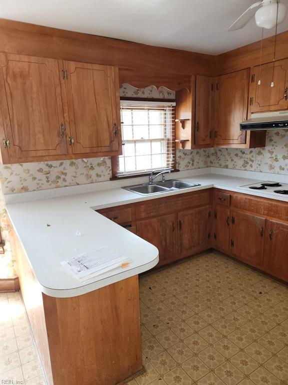 kitchen with white electric stovetop, a sink, under cabinet range hood, and light countertops