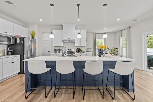 kitchen featuring appliances with stainless steel finishes, a center island with sink, a sink, light wood-style floors, and under cabinet range hood