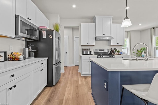 kitchen featuring light countertops, under cabinet range hood, white cabinets, a sink, and stainless steel appliances
