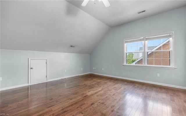 721 Greenwing Dr, Chesapeake, VA 23323 - additional living space featuring ceiling fan, visible vents, vaulted ceiling, baseboards, and dark wood-style floors