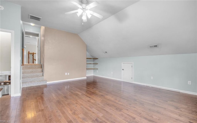 721 Greenwing Dr, Chesapeake, VA 23323 - unfurnished living room featuring visible vents, ceiling fan, wood finished floors, and stairway