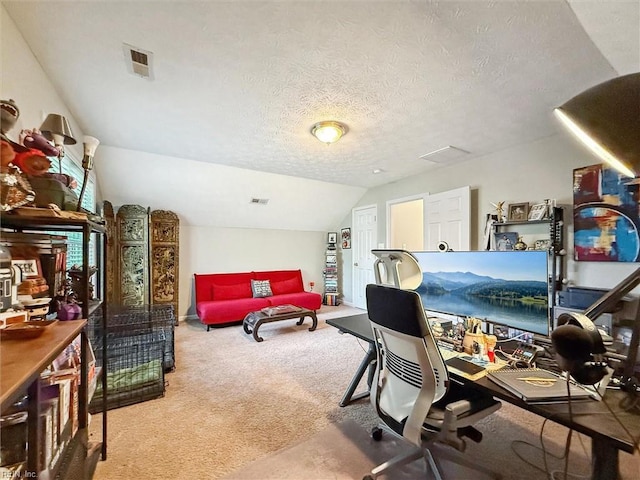 office with carpet, vaulted ceiling, and a textured ceiling