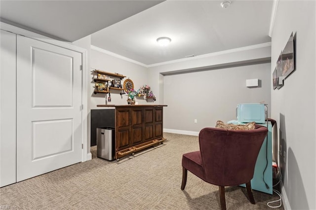 living area with carpet, crown molding, a dry bar, and baseboards