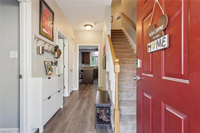 foyer featuring wood finished floors and stairway