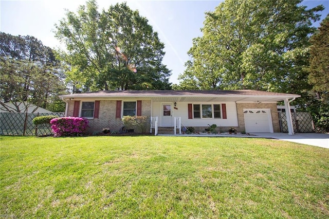 single story home featuring a front lawn, an attached garage, and fence