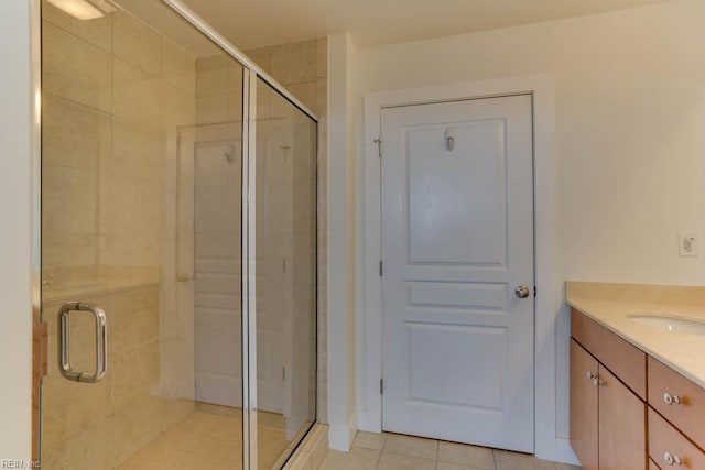 full bath featuring vanity, tile patterned flooring, and a stall shower