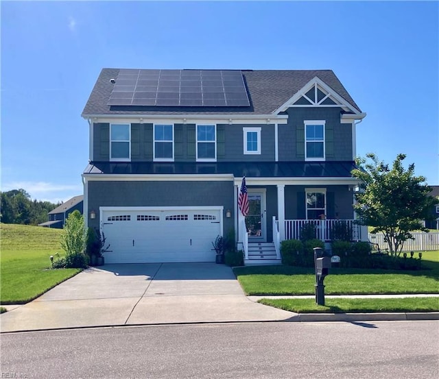 736 Arbuckle St, Chesapeake, VA 23323 - craftsman-style house with covered porch, an attached garage, concrete driveway, a front yard, and solar panels