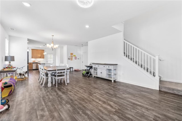 411 Middleton Way, Chesapeake, VA 23322 - dining room featuring recessed lighting, visible vents, stairs, a chandelier, and dark wood-type flooring