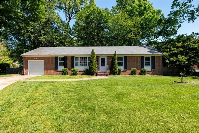 ranch-style house with a garage, driveway, brick siding, and entry steps
