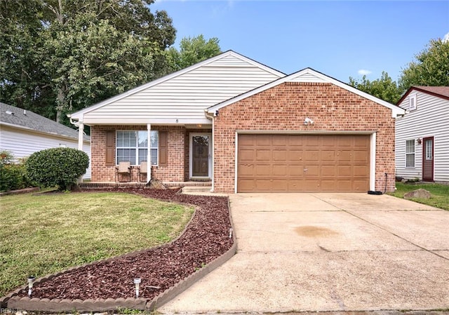 ranch-style house with an attached garage, a front lawn, brick siding, covered porch, and driveway
