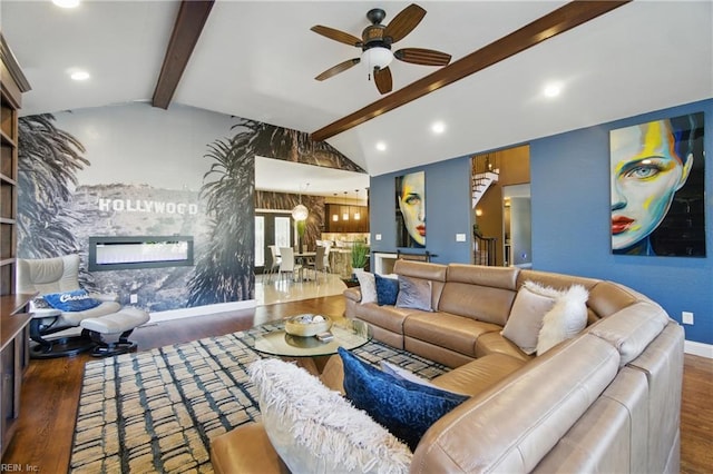 living room with recessed lighting, wood finished floors, a ceiling fan, and vaulted ceiling with beams