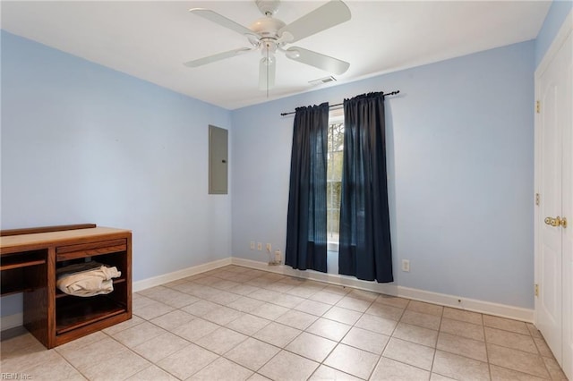 unfurnished room with a ceiling fan, baseboards, visible vents, tile patterned flooring, and electric panel