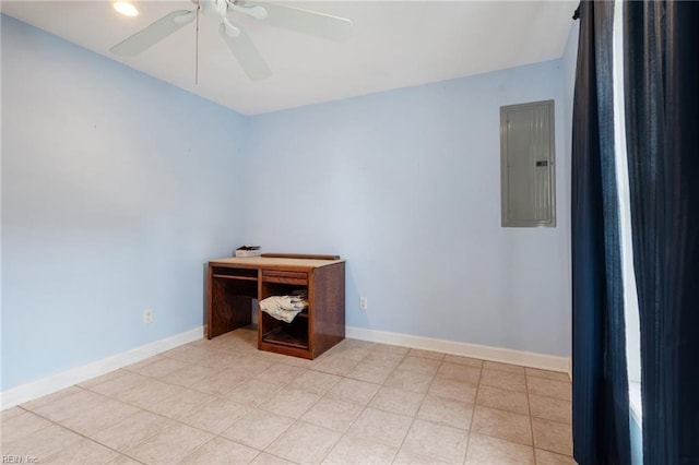unfurnished room with a ceiling fan, baseboards, and electric panel