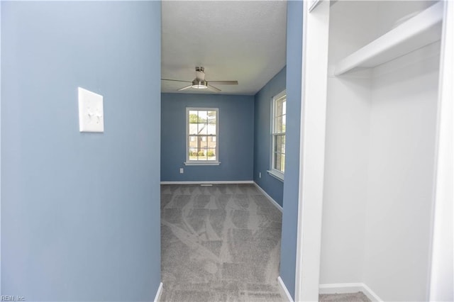 interior space with a textured ceiling, baseboards, and carpet floors