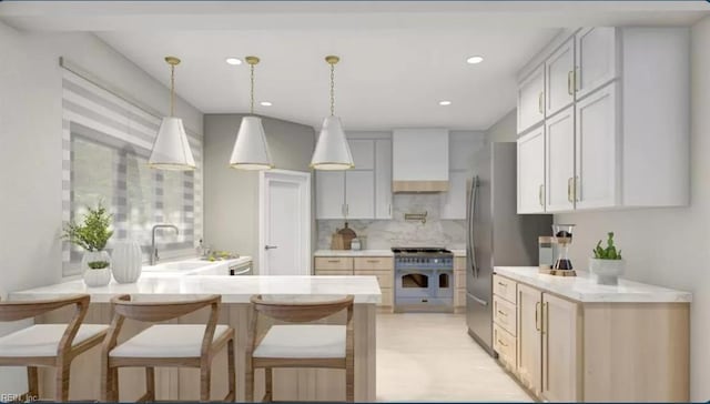 LOT3 Alliance Rd, Surry, VA 23883 - kitchen featuring a peninsula, a sink, stainless steel appliances, backsplash, and premium range hood