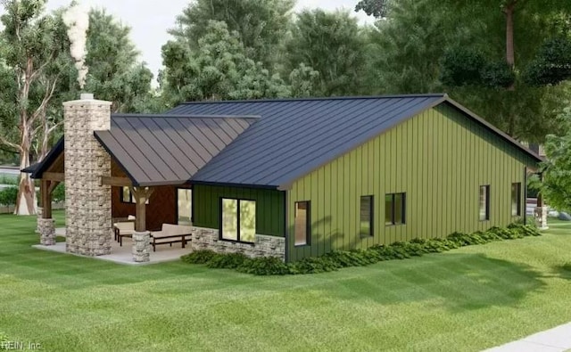 LOT3 Alliance Rd, Surry, VA 23883 - rear view of house with a yard, a patio, a chimney, board and batten siding, and a standing seam roof
