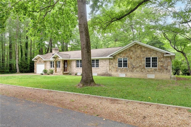 ranch-style home with a chimney, a garage, crawl space, stone siding, and a front lawn