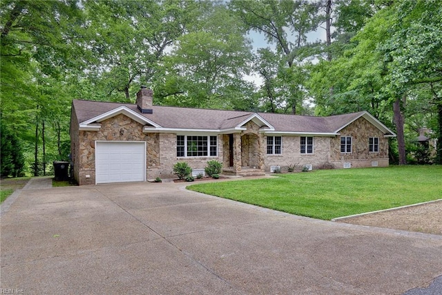 single story home featuring an attached garage, crawl space, a chimney, a front lawn, and driveway