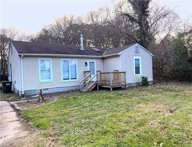 3810 Seaford Rd, Seaford, VA 23696 - back of house featuring a yard, a wooden deck, a shingled roof, and crawl space