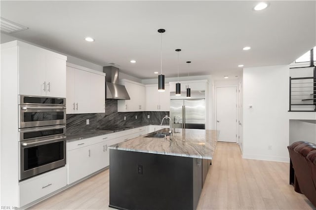 kitchen featuring a sink, white cabinets, wall chimney range hood, appliances with stainless steel finishes, and decorative backsplash