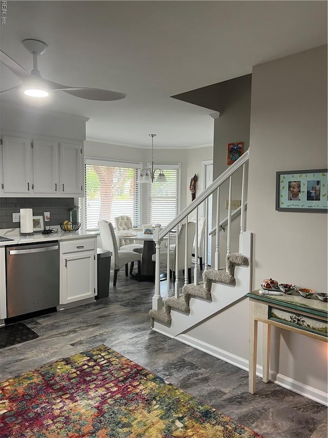 kitchen with dark wood-type flooring, dishwasher, light countertops, a ceiling fan, and white cabinets