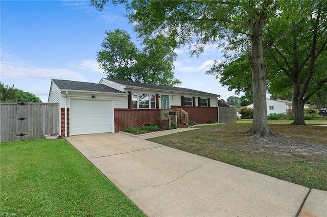 ranch-style home with fence, an attached garage, brick siding, concrete driveway, and a front yard