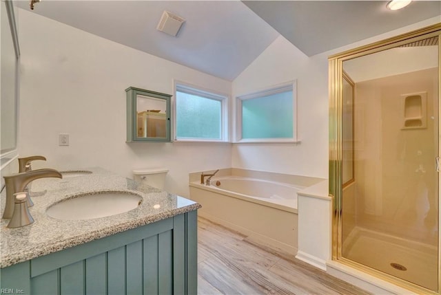 490 Poplar Lawn Rd, Surry, VA 23883 - bathroom with a garden tub, wood finished floors, a stall shower, a sink, and vaulted ceiling