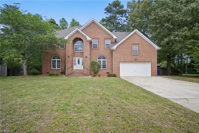 colonial inspired home featuring a garage, brick siding, and concrete driveway