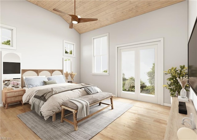 402 48th St, Virginia Beach, VA 23451 - bedroom featuring high vaulted ceiling, light wood finished floors, ceiling fan, wood ceiling, and access to outside