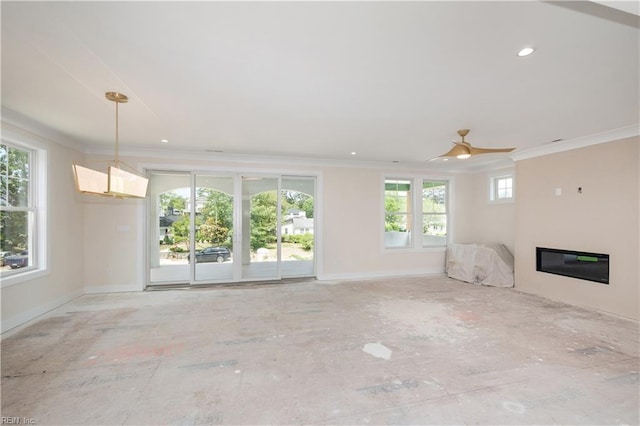 402 48th St, Virginia Beach, VA 23451 - unfurnished living room with ceiling fan, ornamental molding, baseboards, and a glass covered fireplace