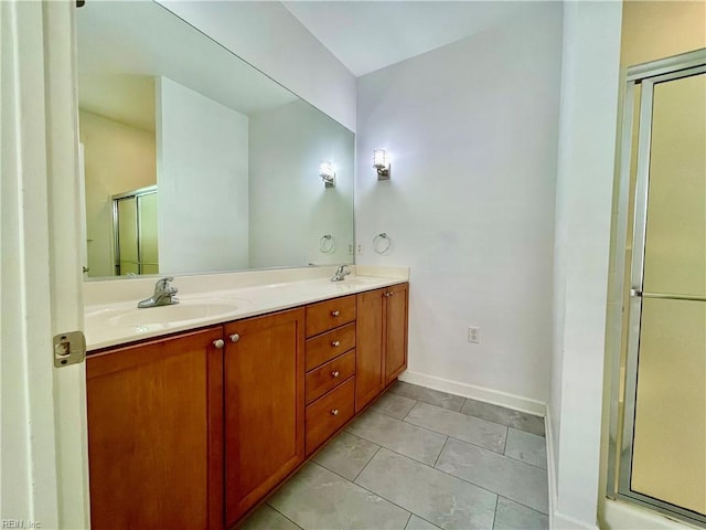 452 Blue Beech Way, Chesapeake, VA 23320 - full bath with a shower stall, double vanity, baseboards, and tile patterned floors