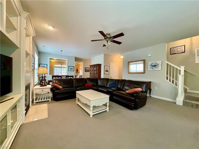 452 Blue Beech Way, Chesapeake, VA 23320 - carpeted living room featuring stairway, a ceiling fan, and baseboards