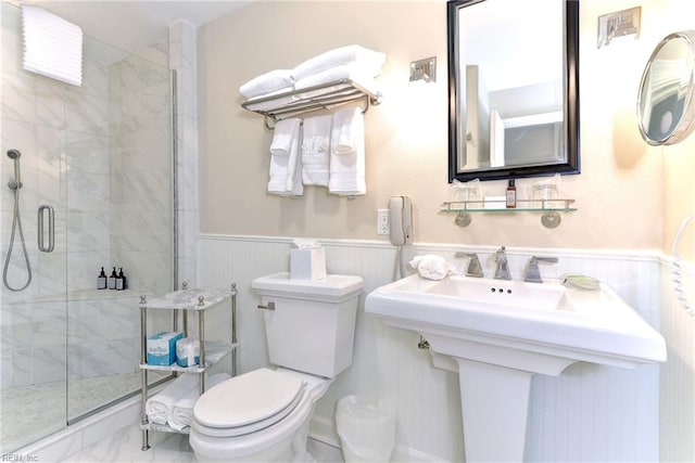 full bathroom featuring toilet, wainscoting, a stall shower, and a sink