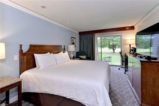 carpeted bedroom featuring ornamental molding, recessed lighting, and access to exterior