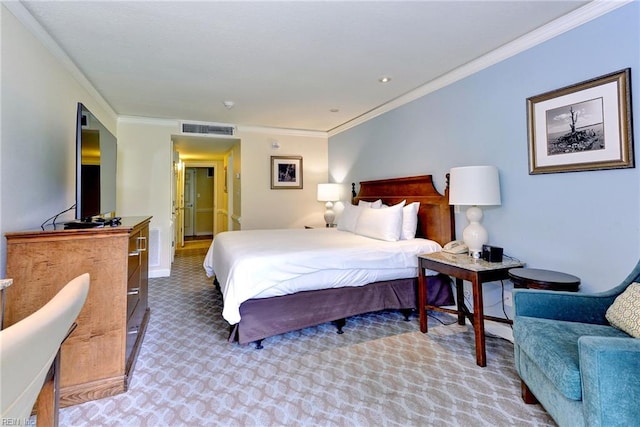 carpeted bedroom with crown molding, visible vents, baseboards, and recessed lighting