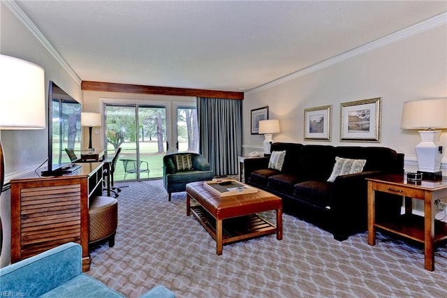 living room with carpet and ornamental molding