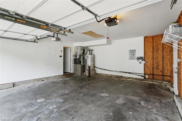 garage featuring a garage door opener, electric panel, water heater, and heating unit