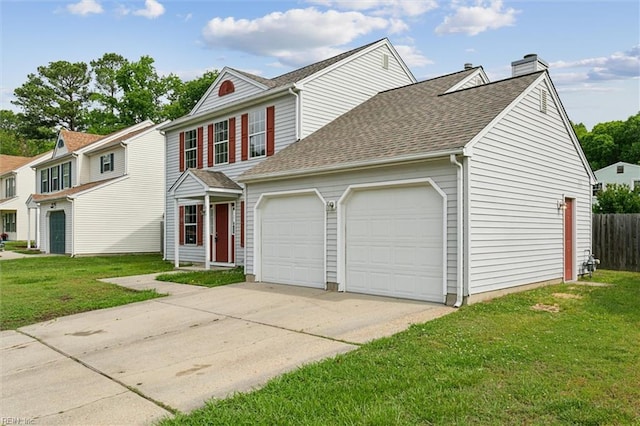 view of front of house with an attached garage, concrete driveway, a chimney, and a shingled roof