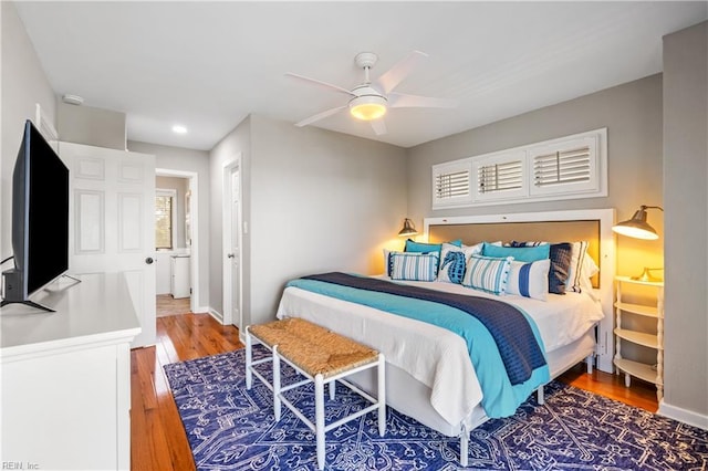 bedroom featuring baseboards, recessed lighting, ceiling fan, and wood finished floors