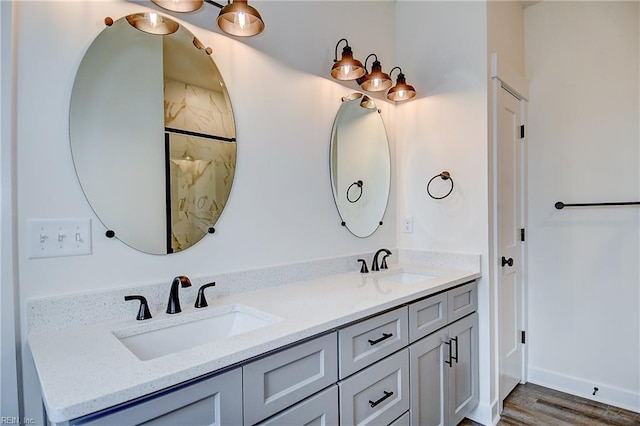 bathroom featuring double vanity, wood finished floors, and a sink