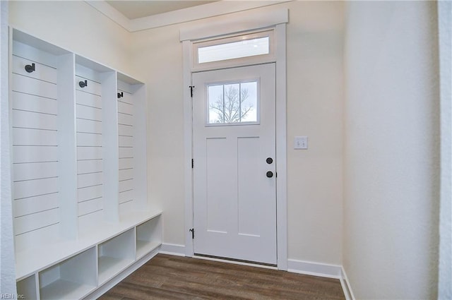 mudroom with baseboards and dark wood finished floors