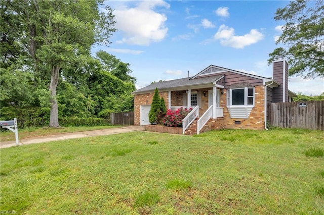 bungalow-style home featuring concrete driveway, brick siding, an attached garage, and fence