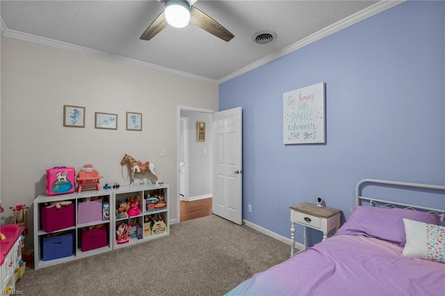 108 Hodges Cove Rd, Yorktown, VA 23692 - carpeted bedroom featuring ornamental molding, ceiling fan, baseboards, and a textured ceiling