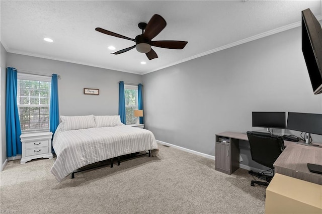 108 Hodges Cove Rd, Yorktown, VA 23692 - bedroom with ornamental molding, carpet flooring, an office area, baseboards, and recessed lighting
