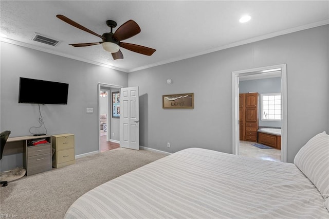 108 Hodges Cove Rd, Yorktown, VA 23692 - bedroom with crown molding, light carpet, baseboards, ensuite bath, and a ceiling fan
