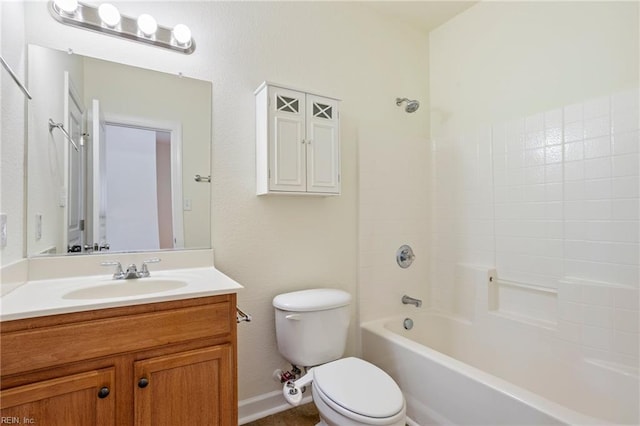 full bathroom with shower / bathing tub combination, vanity, toilet, and baseboards